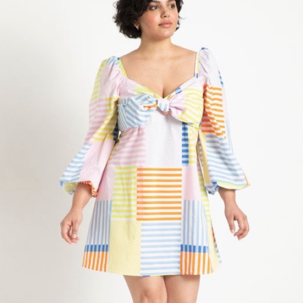 Eloquii Bold Striped Patchwork Bow Spring Maximalist Dress